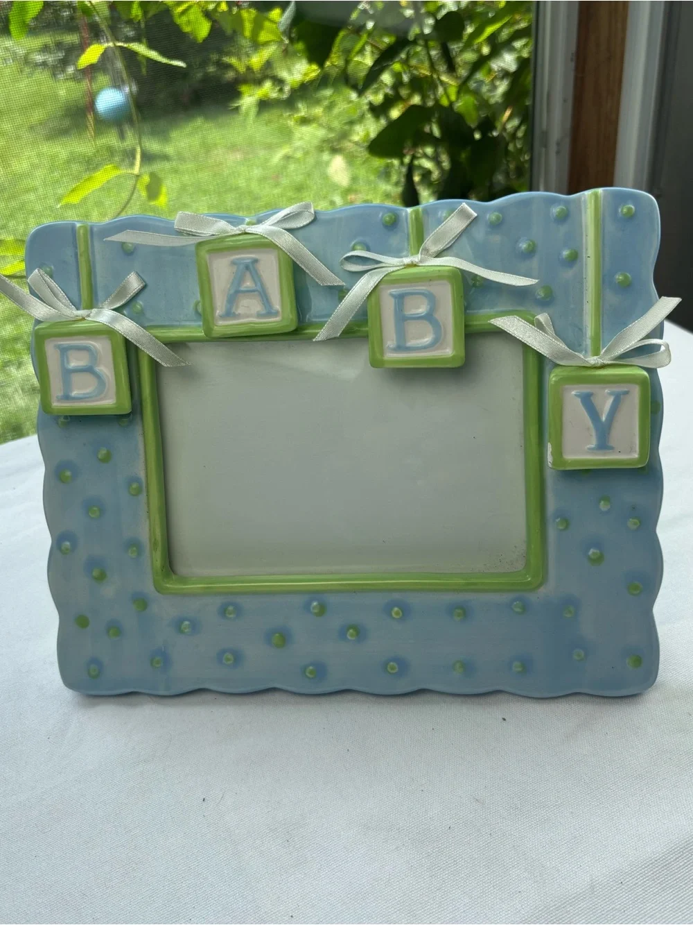 VTG Blue & Green Ceramic “BABY “ Block Picture Frame 3D Photo Frame 8 x 10 / 4x6